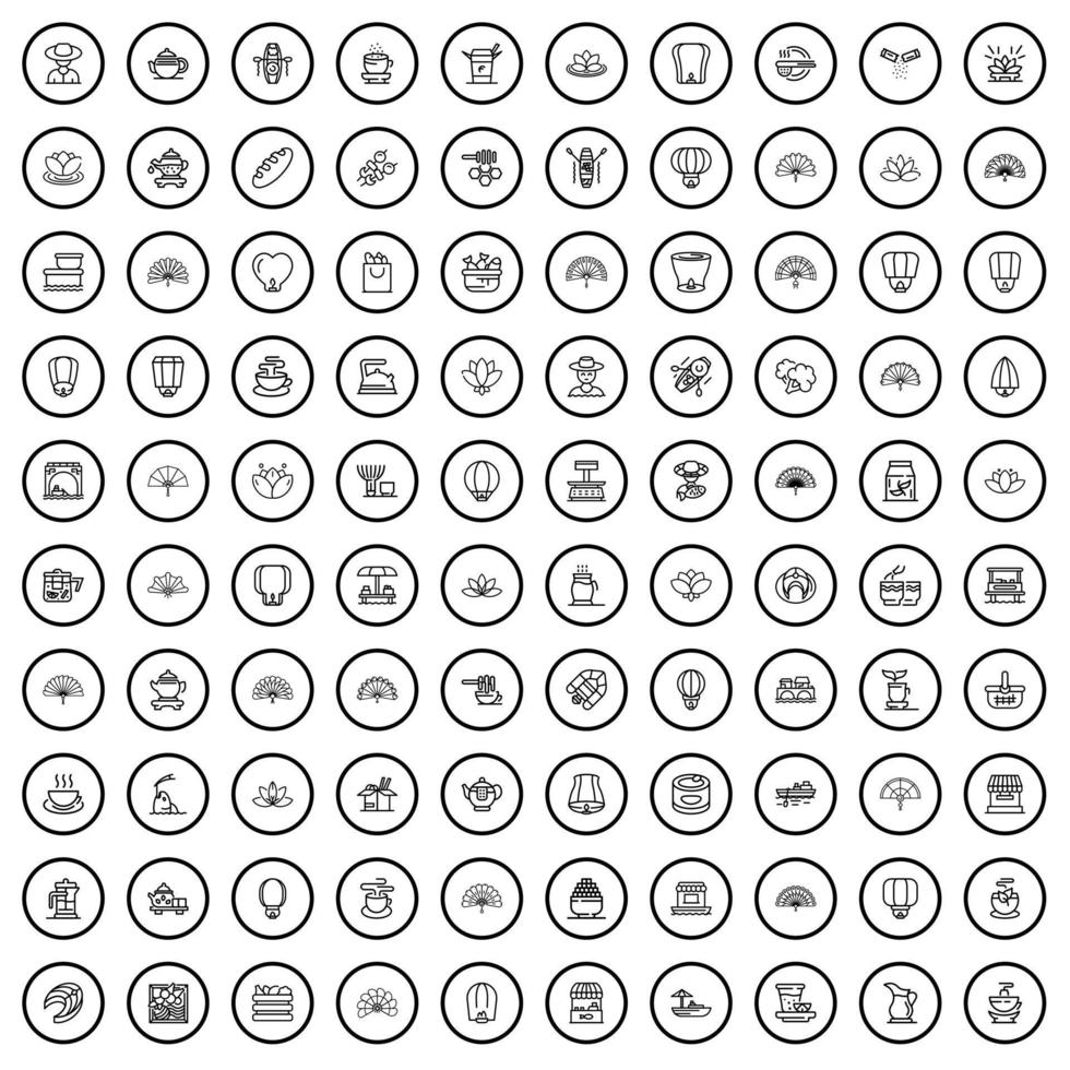 100 Azië pictogrammen set, schets stijl vector