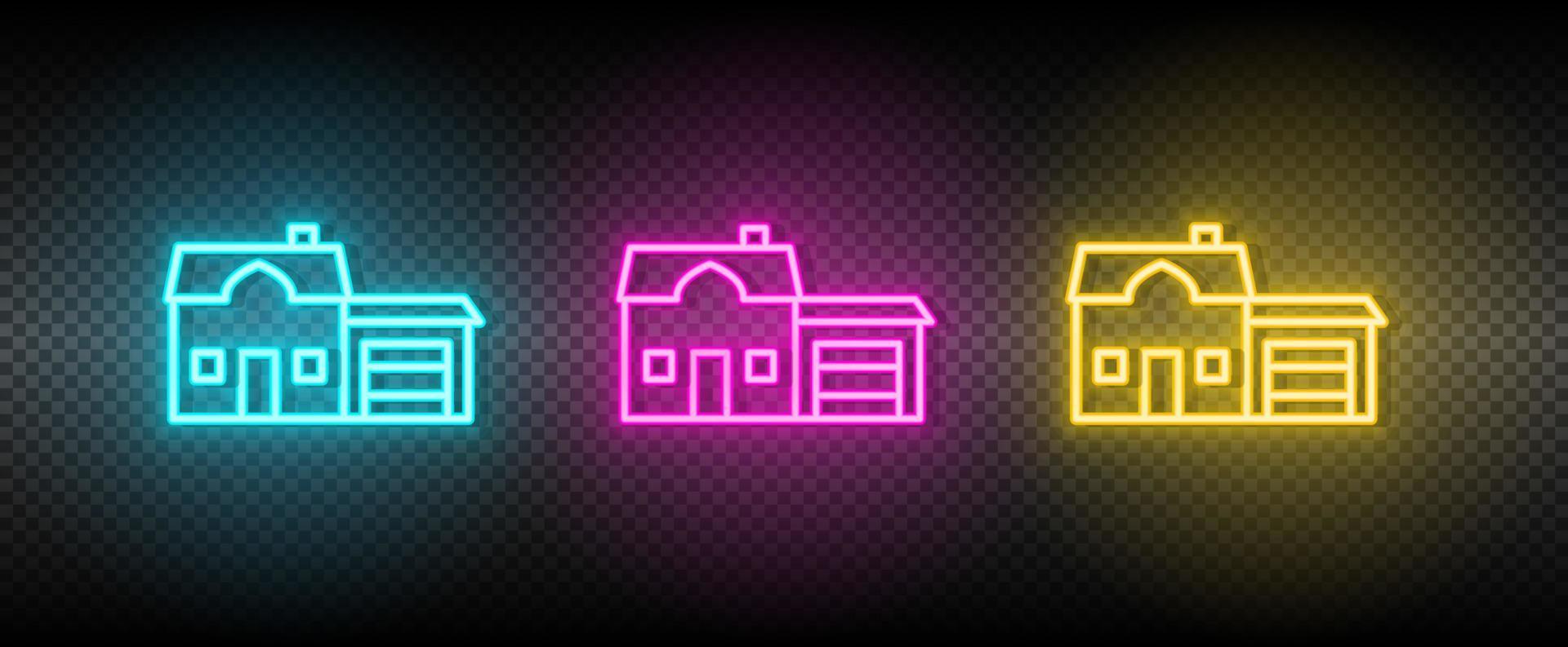 echt landgoed vector garage, huis. illustratie neon blauw, geel, rood icoon reeks
