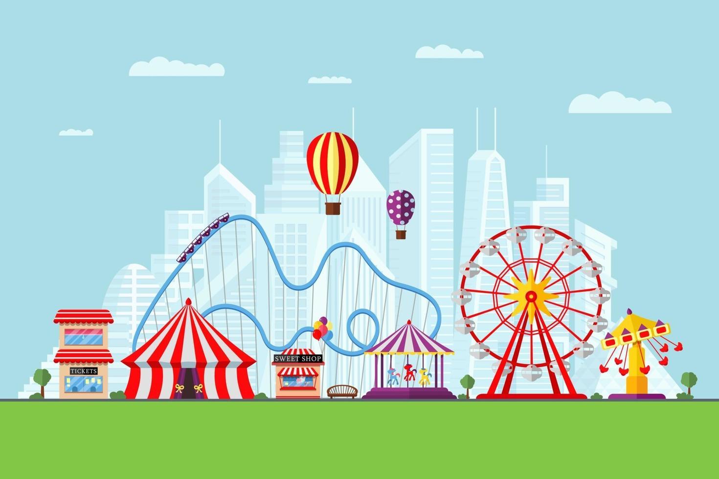 pretpark met circus, carrousels, achtbaan en attracties op de achtergrond van de moderne stad. kermis en thema-landschap met carnaval. reuzenrad en draaimolen festival vector eps illustratie
