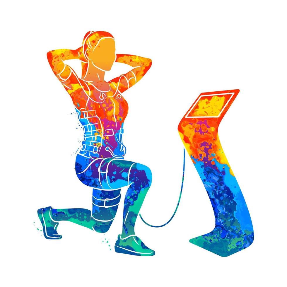 ems opleiding. abstract meisje doet squats in pak met kabels van splash van aquarellen. vectorillustratie van verven vector