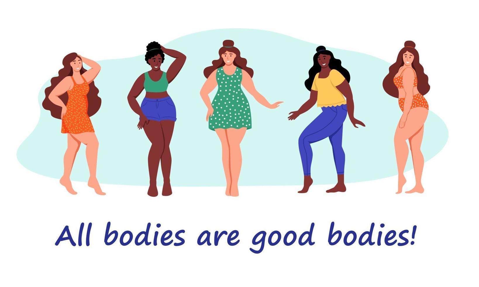 aantal bochtige vrouwen. plus size meisjes. het concept van positiviteit van het lichaam, eigenliefde. hou van je lichaam. platte cartoon vectorillustratie. vector