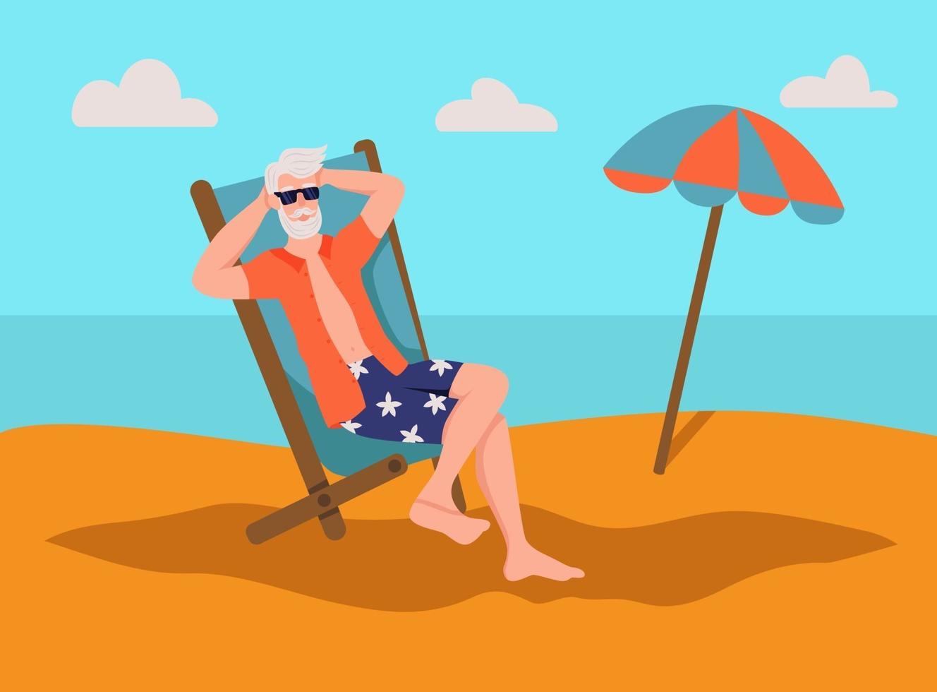 oudere man zonnebaden op het strand. het concept van actieve ouderdom. dag van de ouderen. platte cartoon vectorillustratie. vector