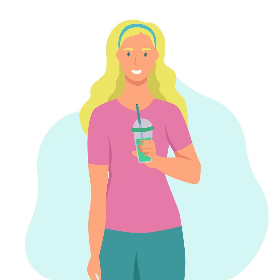 een jonge vrouw drinkt een smoothie, vers sap, een cocktail. het concept van goede voeding, gezonde levensstijl. platte cartoon afbeelding. vector