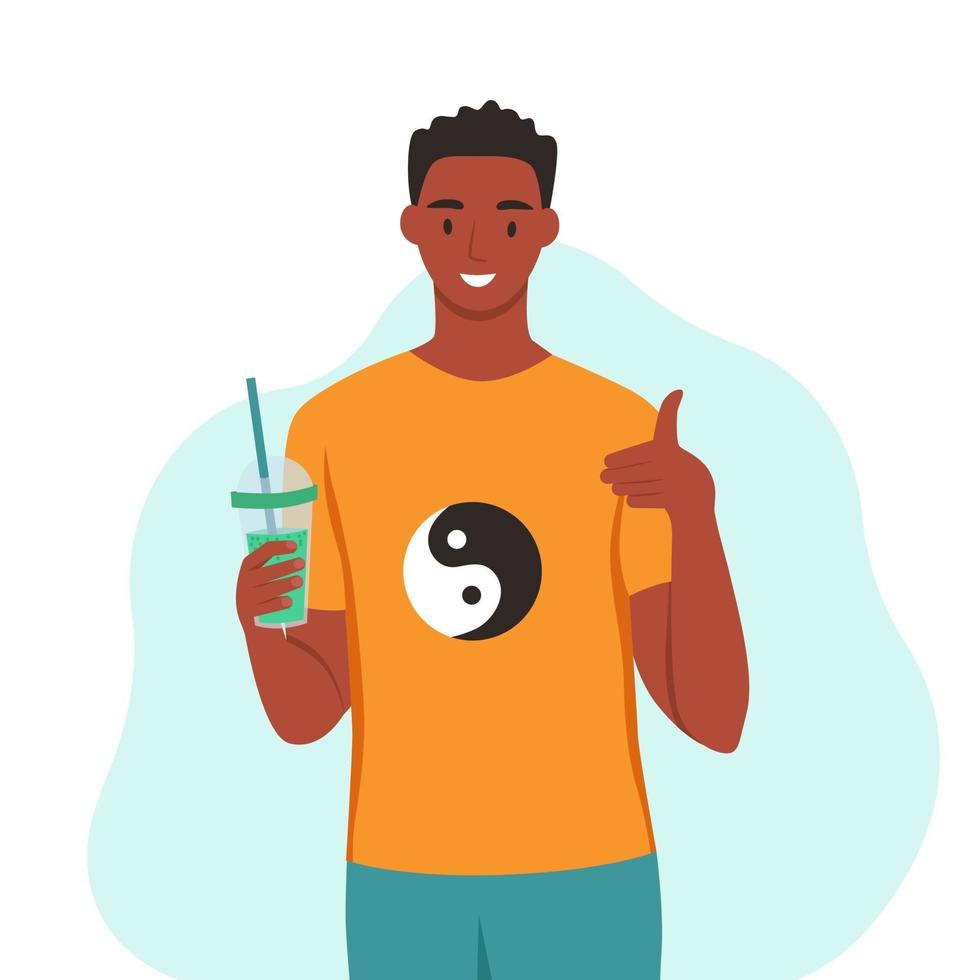 een jonge man drinkt een smoothie, vers sap, een cocktail. het concept van goede voeding, gezonde levensstijl. platte cartoon afbeelding. vector