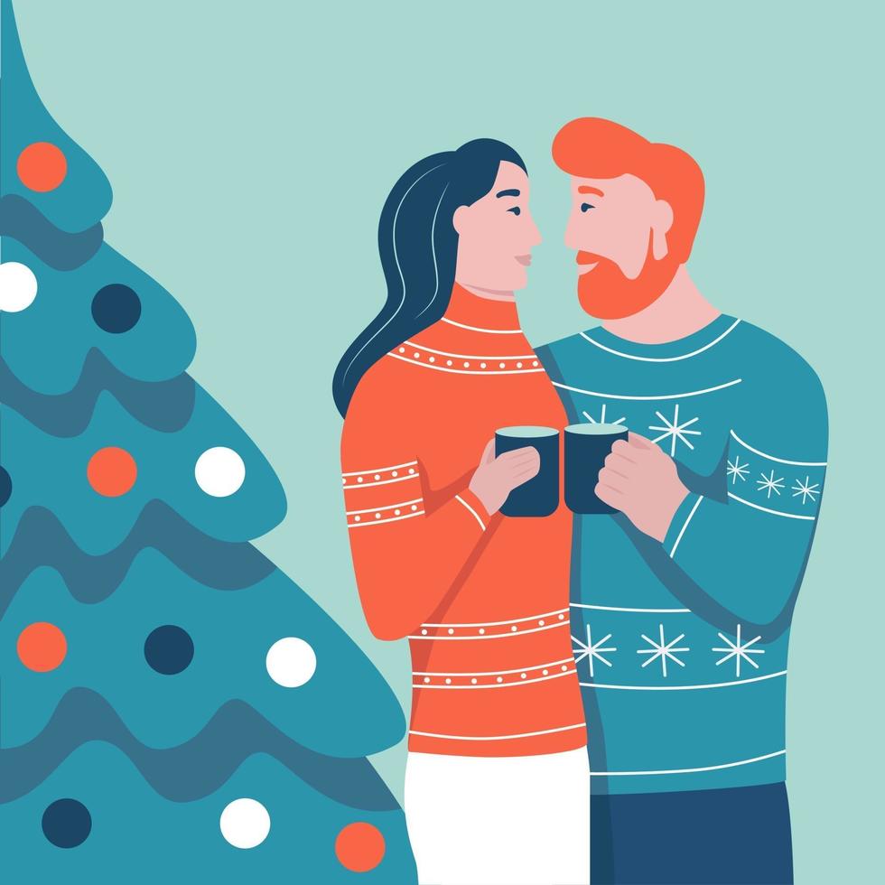 kerstkaart. verliefde paar knuffelen op de achtergrond van de kerstboom. platte vectorillustratie. spandoek, poster, sjabloon. vector