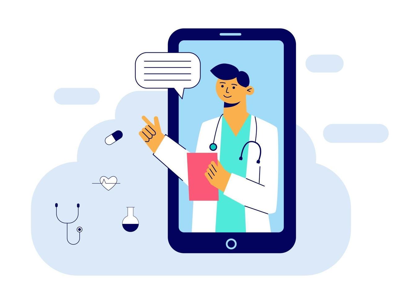 concept van online geneeskunde en gezondheidszorgtoepassing voor website. medische diagnostiek via internet. dokter videocalling op een smartphone. online medisch consult. platte vectorillustratie vector