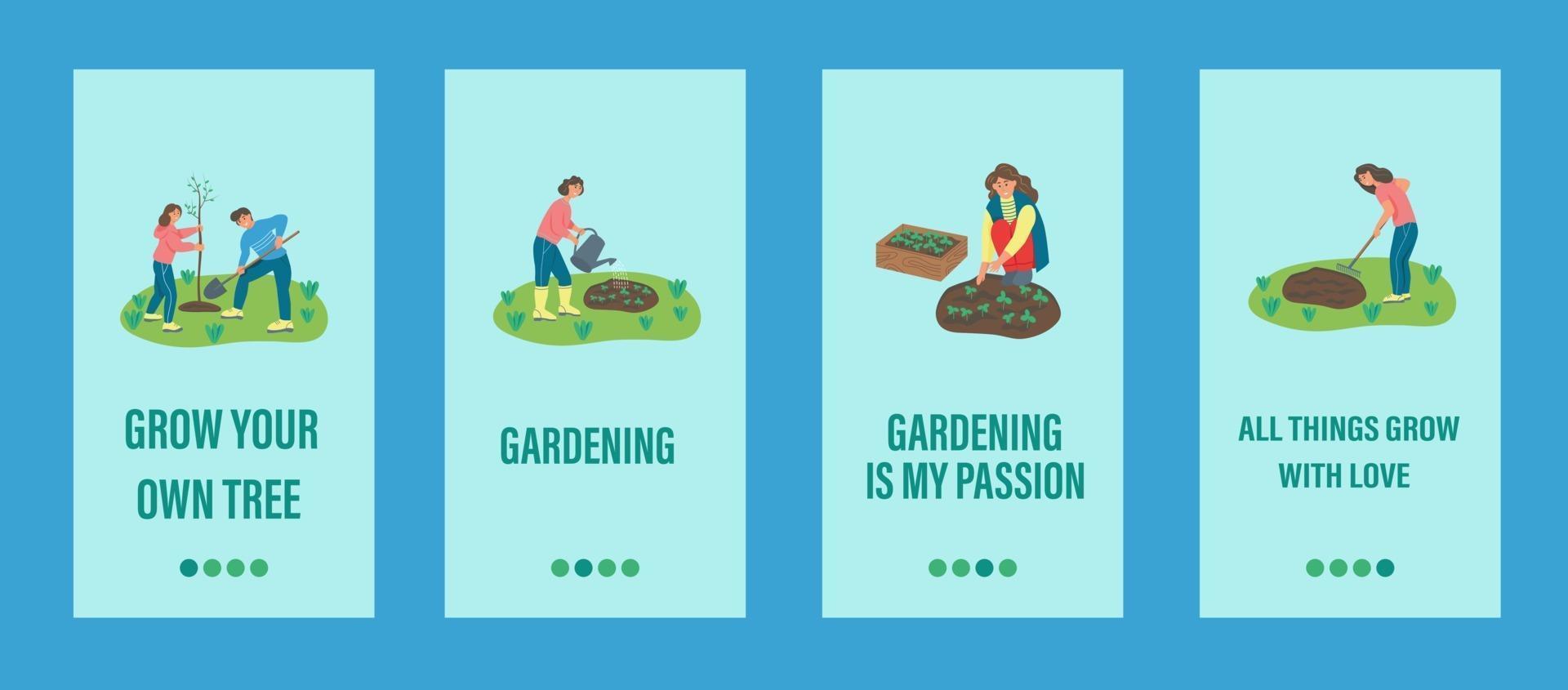 tuin werk mobiele app-sjabloon. mensen zijn bezig met tuinieren, het planten van bomen en planten. platte vectorillustratie. vector