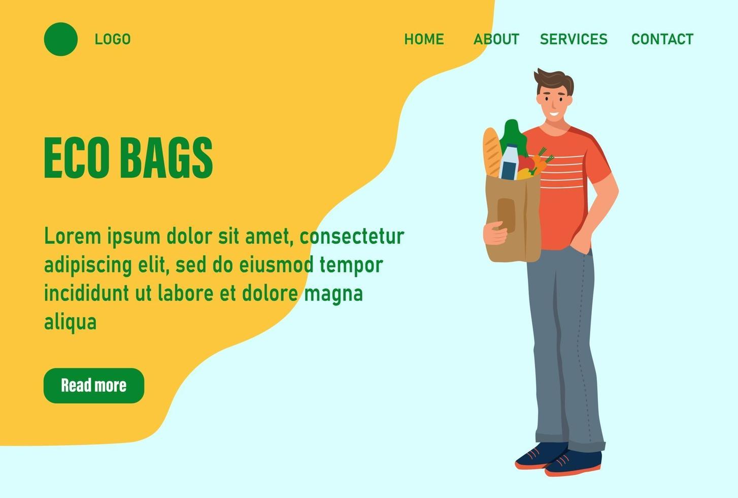 een man houdt de bestemmingspagina van een tas met boodschappen vast. concept van recycling, ecologie, natuurzorg. website homepage landing webpagina template.vector illustratie vector