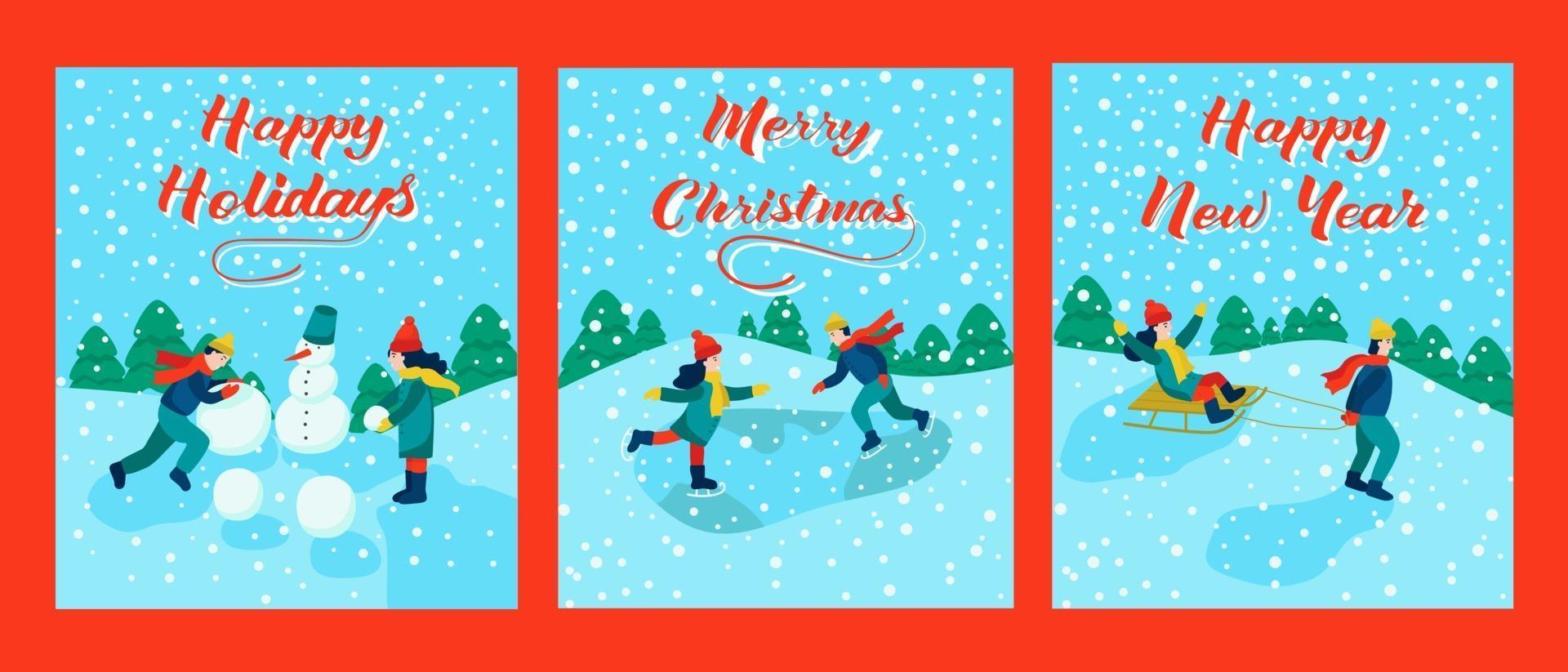 set kerstkaarten. belettering happy christmas, happy new year, happy holidays. kinderen gaan sleeën, schaatsen, een sneeuwpop maken. vector illustratie.