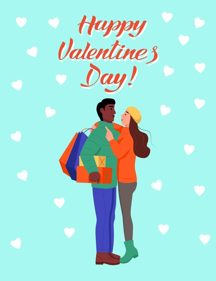 wenskaart voor Valentijnsdag. een liefdevol paar knuffels. belettering gelukkige Valentijnsdag. platte vectorillustratie. vector