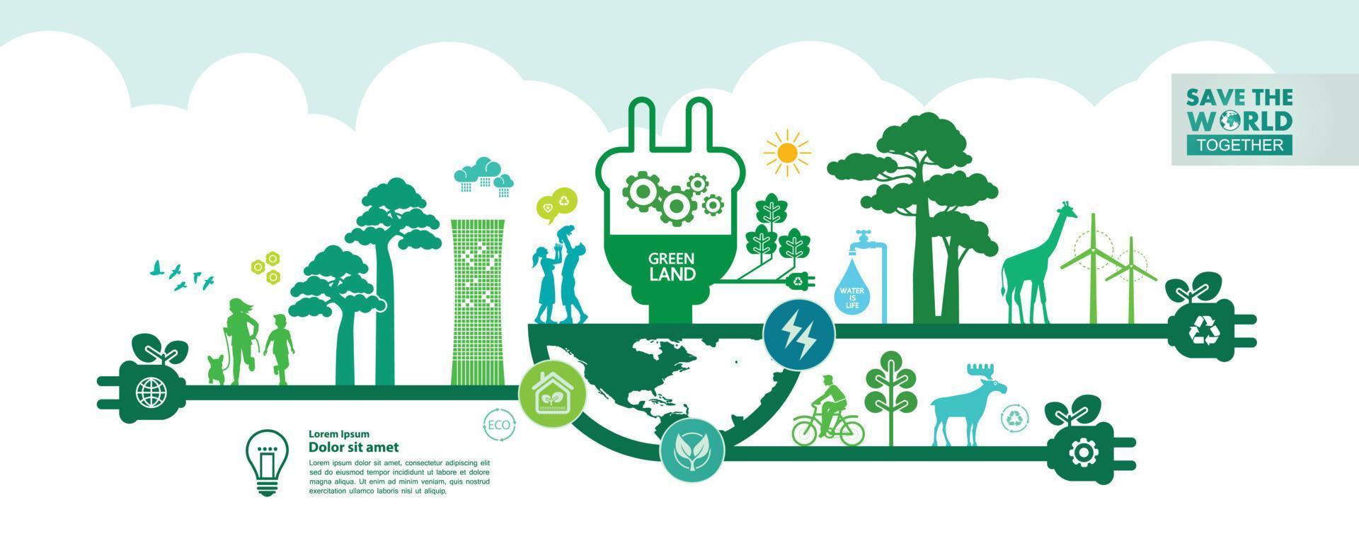 opslaan de wereld samen groen ecologie vector illustratie.