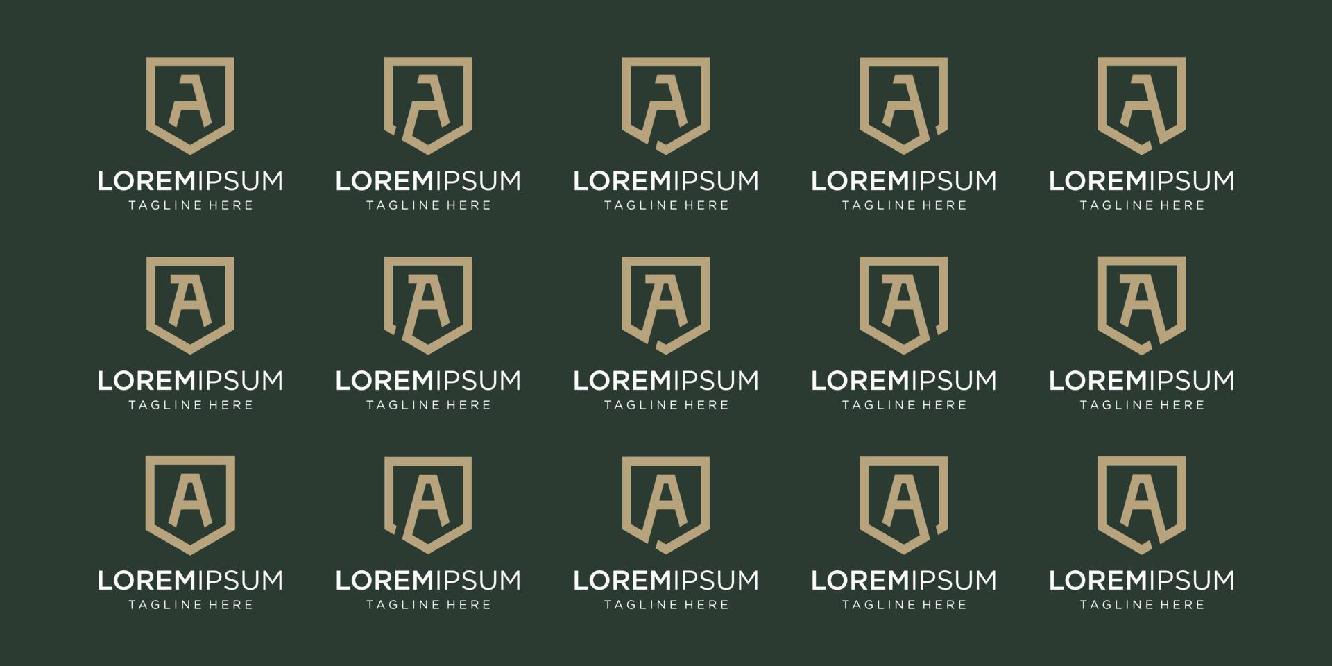 reeks van brief een monogram en schild teken combinatie. lijn kunst logo ontwerp. vector