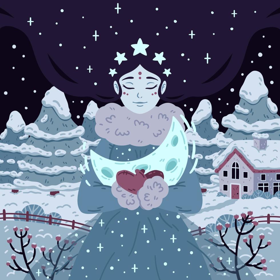 prinses van de sterrenhemel winternacht met halve maan. mooie vrouw met lang haar op achtergrond met bomen en huis. vectorillustratie voor poster, wenskaarten. foto voor kinderen sprookjesboek. vector