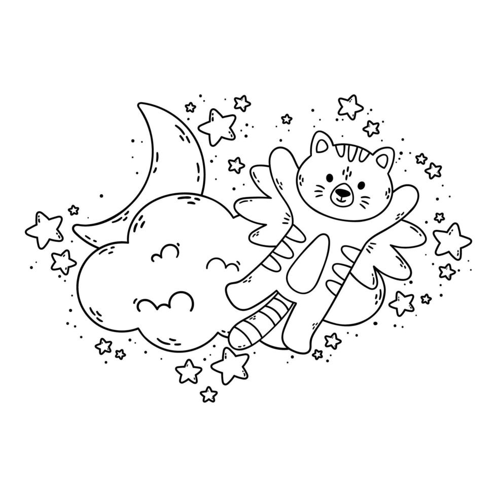 kat met vleugels vliegt langs de wolk, de maan en de sterren. vectorillustratie voor kleurboek geïsoleerd op een witte achtergrond. welterusten kinderkamerfoto. vector