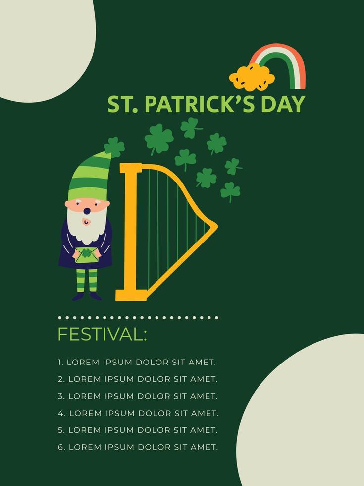 heilige Patrick dag muziek- festival vector uitnodiging met harp elf van Ierse folklore