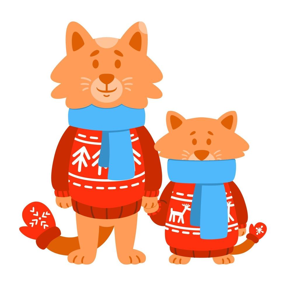 katten zoon en vader dragen rode gebreide trui, sjaal, wanten. schattig dierlijk stripfiguur. vectorillustratie geïsoleerd op een witte achtergrond. vector