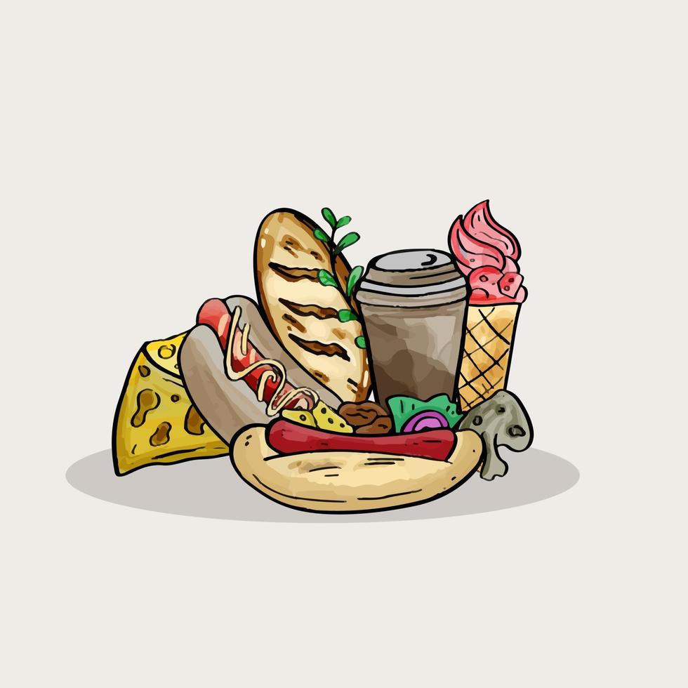 snel voedsel tekening in waterverf schilderij stijl vector illustratie. vlak leggen rommel voedsel waterverf voorwerpen geïsoleerd Aan wit achtergrond.