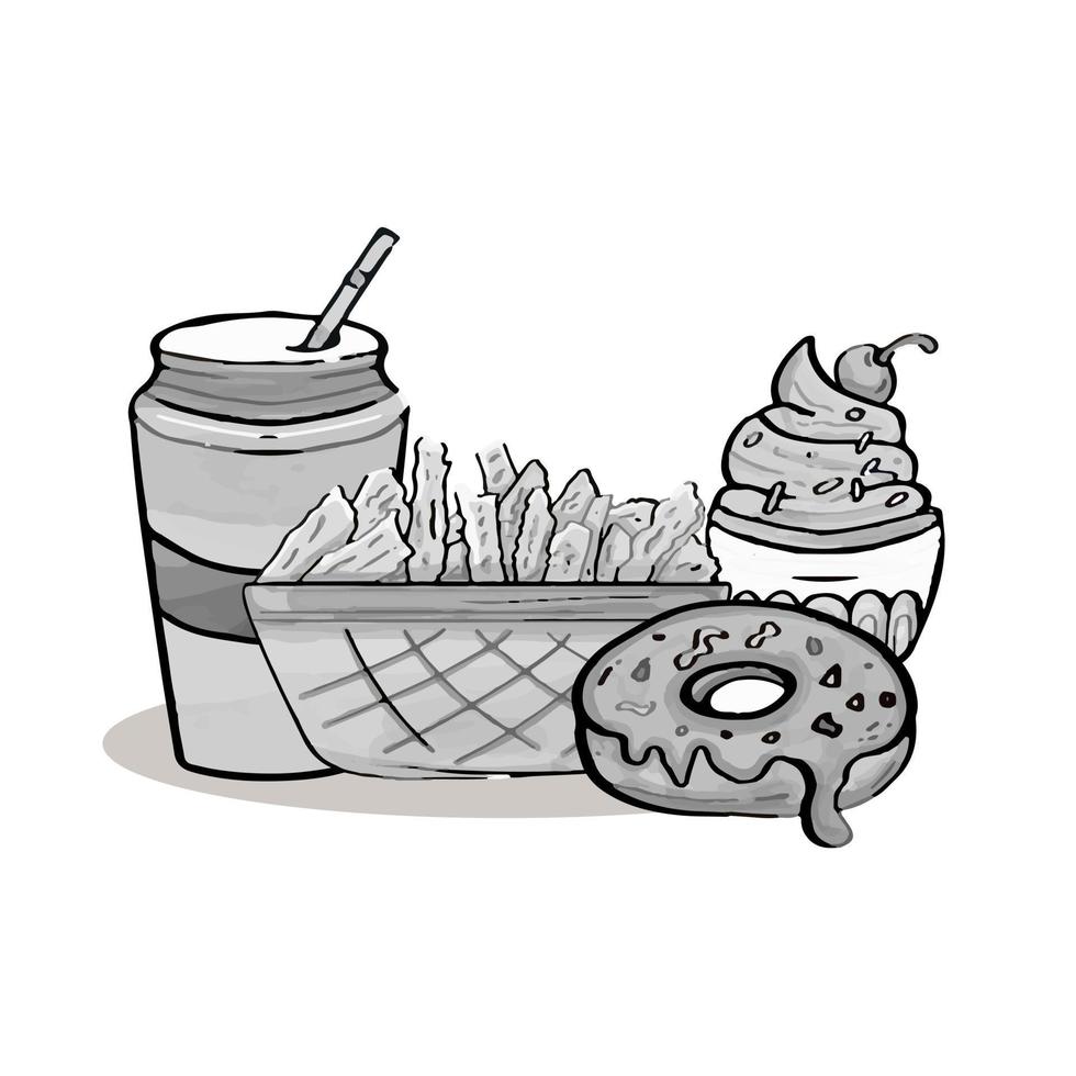 snel voedsel tekening in zwart en wit kleur stijl illustratie voorwerpen geïsoleerd Aan wit achtergrond. vector