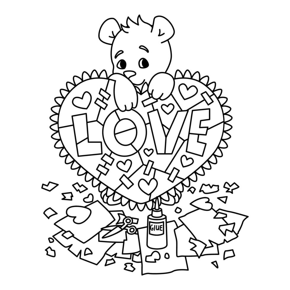 Valentijnsdag wenskaart met teddybeer met plakboek hart. 14 februari wenskaart met hartjes. vectorillustratie geïsoleerd op een witte achtergrond. afdrukken voor kleurplaat. vector