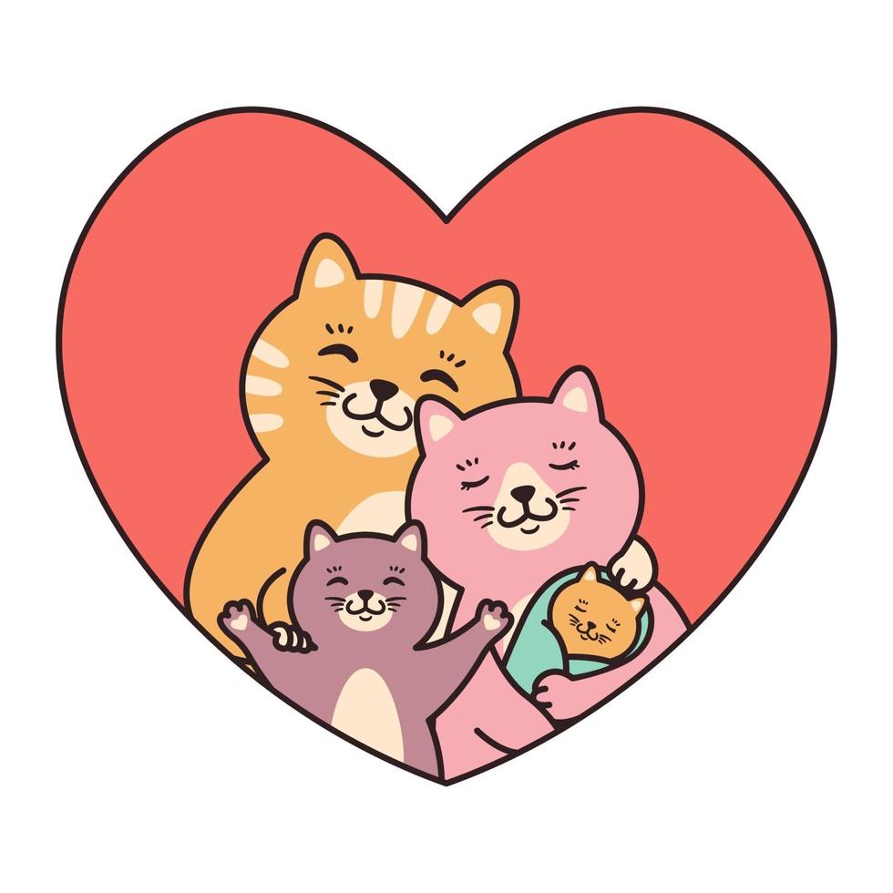 kattenfamilie moeder, vader, kind en pasgeboren baby knuffel in hart. wenskaarten voor Valentijnsdag, verjaardag, moederdag. cartoon doodle karakter vectorillustratie geïsoleerd op een witte achtergrond. vector