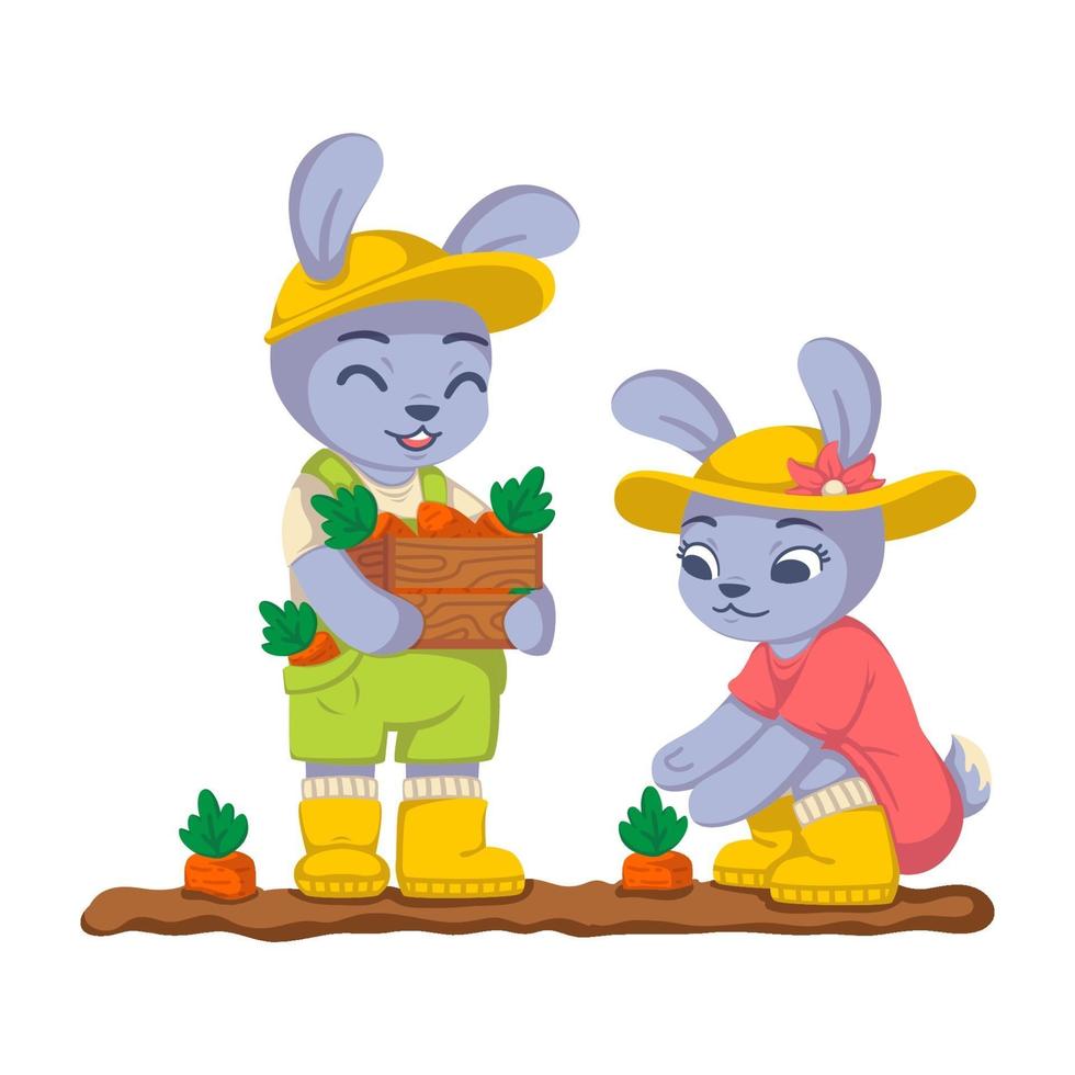 konijnen oogsten wortels in de tuin. bunny werk in de kailyard. landbouw, tuinieren. vector kinderen illustratie geïsoleerd op een witte achtergrond.