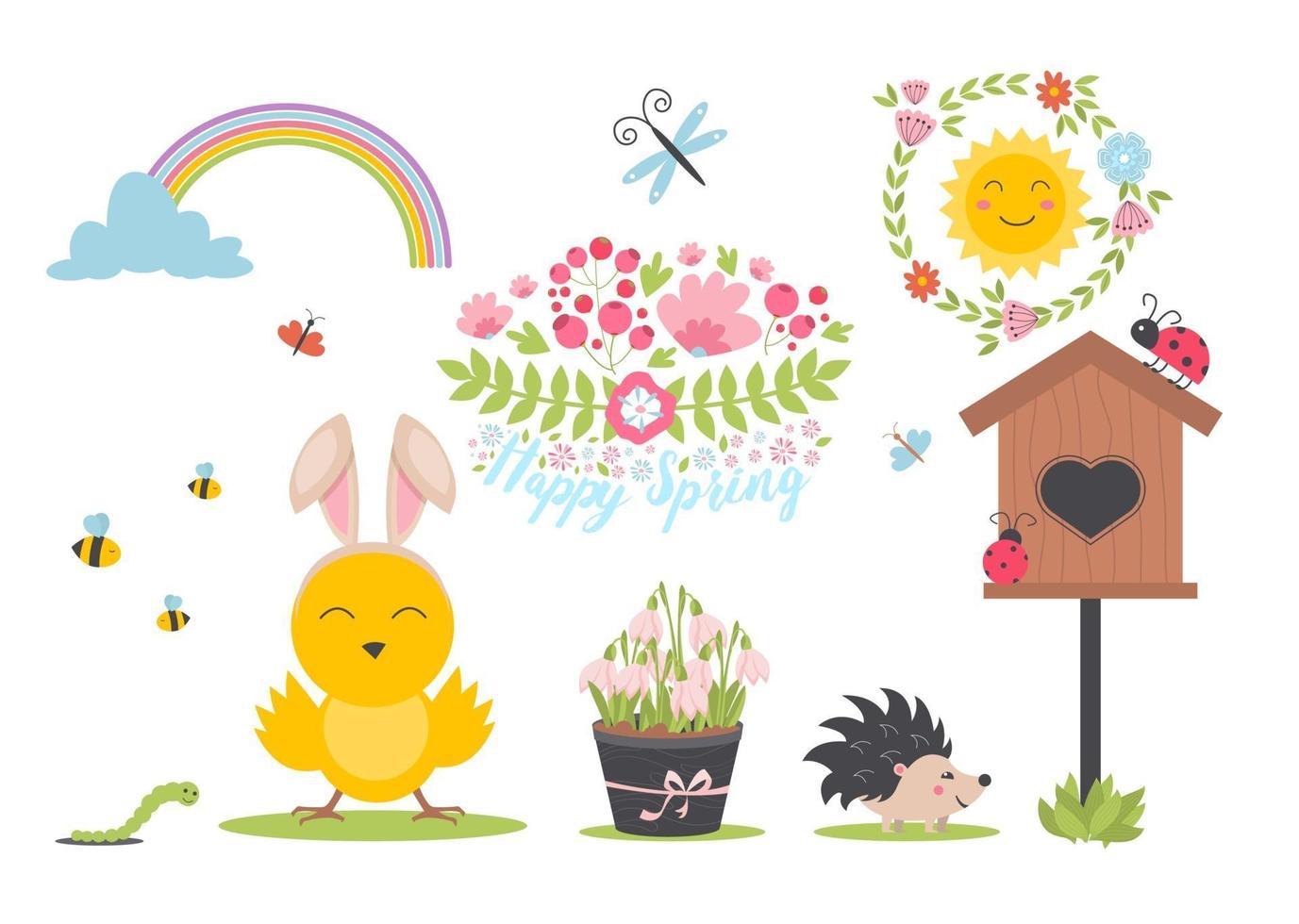 pasen-lente set met schattige dieren, vogels, bijen, vlinders. vector