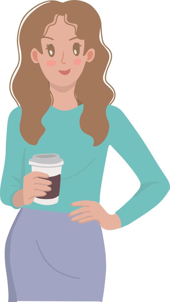 portret van jong vrouw staand en Holding een koffie kop illustratie vector