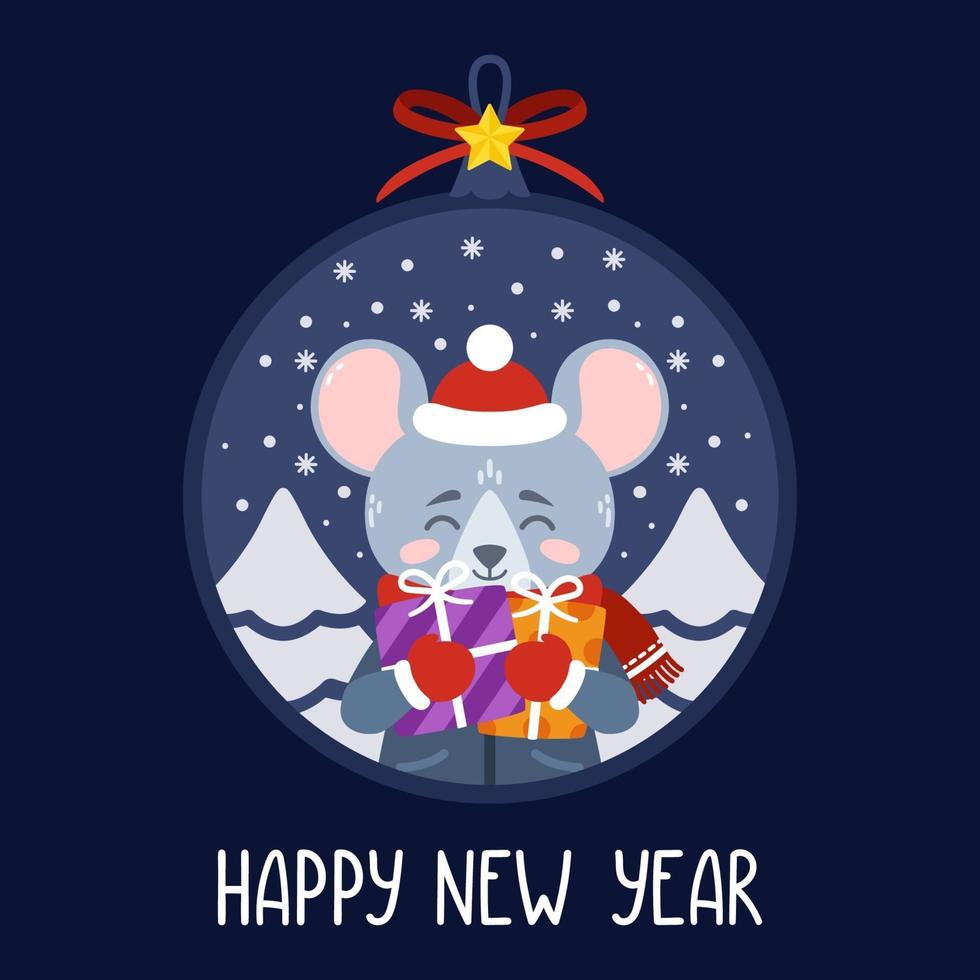 kerstbal met de afbeelding van een rat met geschenken. vector