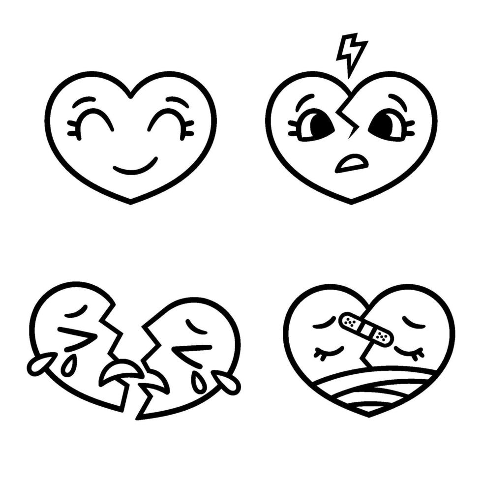 schattige cartoon emoticon harten set, blij, verdrietig, gebroken. vector