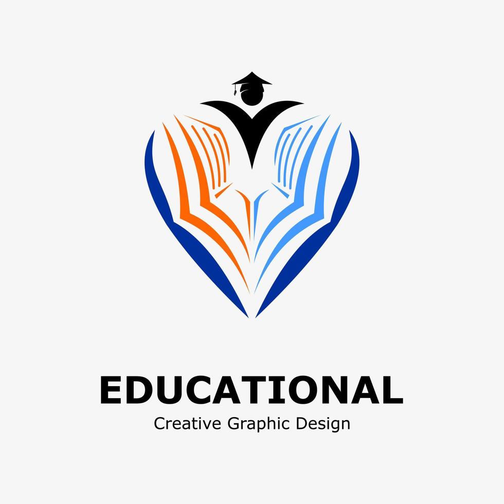 logo symbool voor onderwijs. boek icoon en diploma uitreiking persoon in hart. onderwijs vector logo sjabloon.