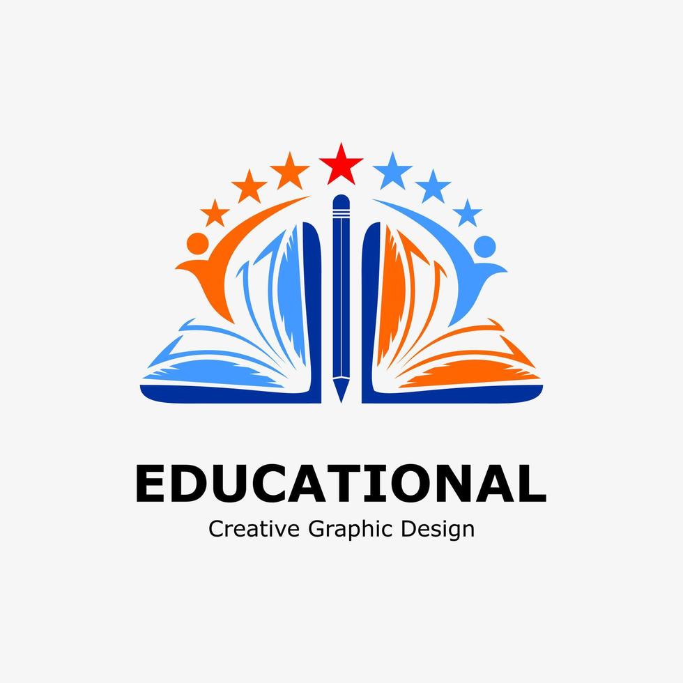 logo symbool voor onderwijs. boek icoon, potlood, leerling icoon en ster. onderwijs vector logo sjabloon.