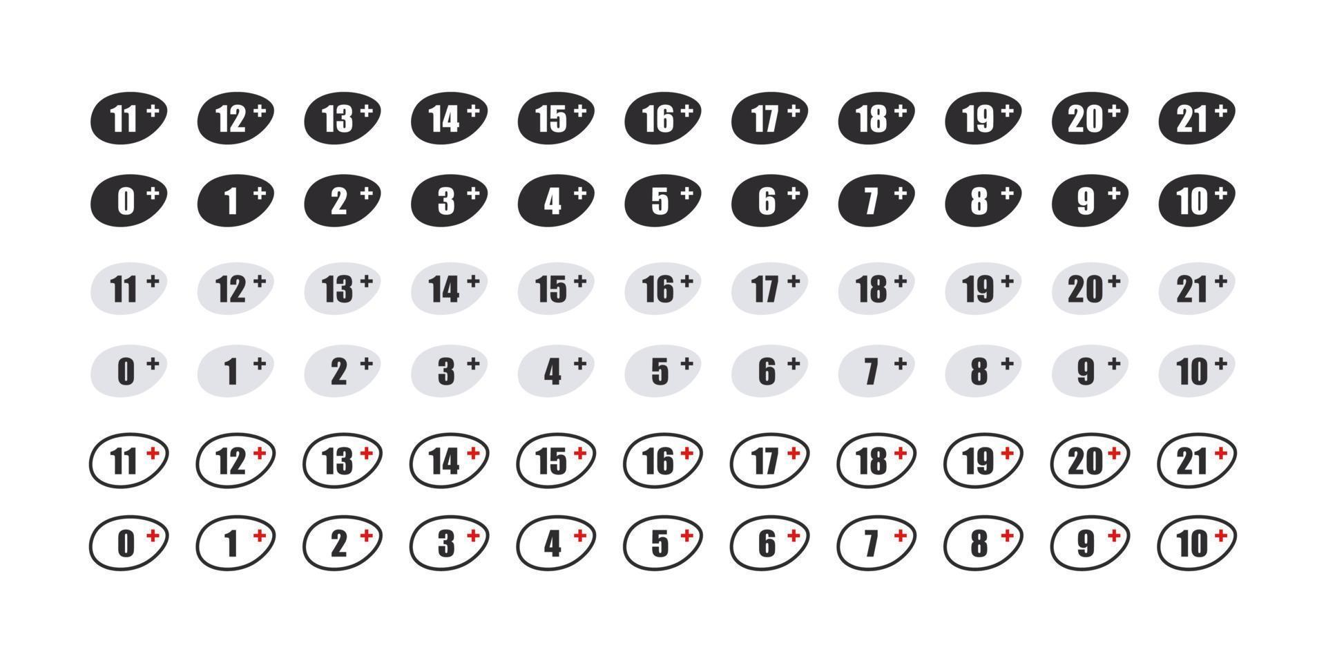 leeftijd begrenzing pictogrammen. leeftijd beperking insignes. aanbevolen leeftijd begrenzing. leeftijd beperkingen tekens. vector afbeeldingen