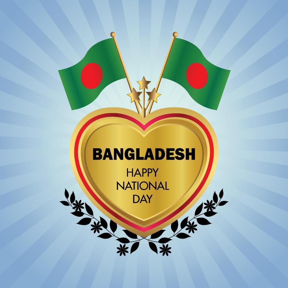 Bangladesh vlag onafhankelijkheid dag met goud hart vector