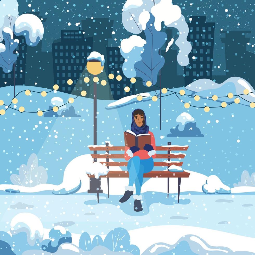 een jonge vrouw zit op een bankje in een winterpark in de stad en leest een boek. het meisje rust in de frisse lucht. vector illustratie.