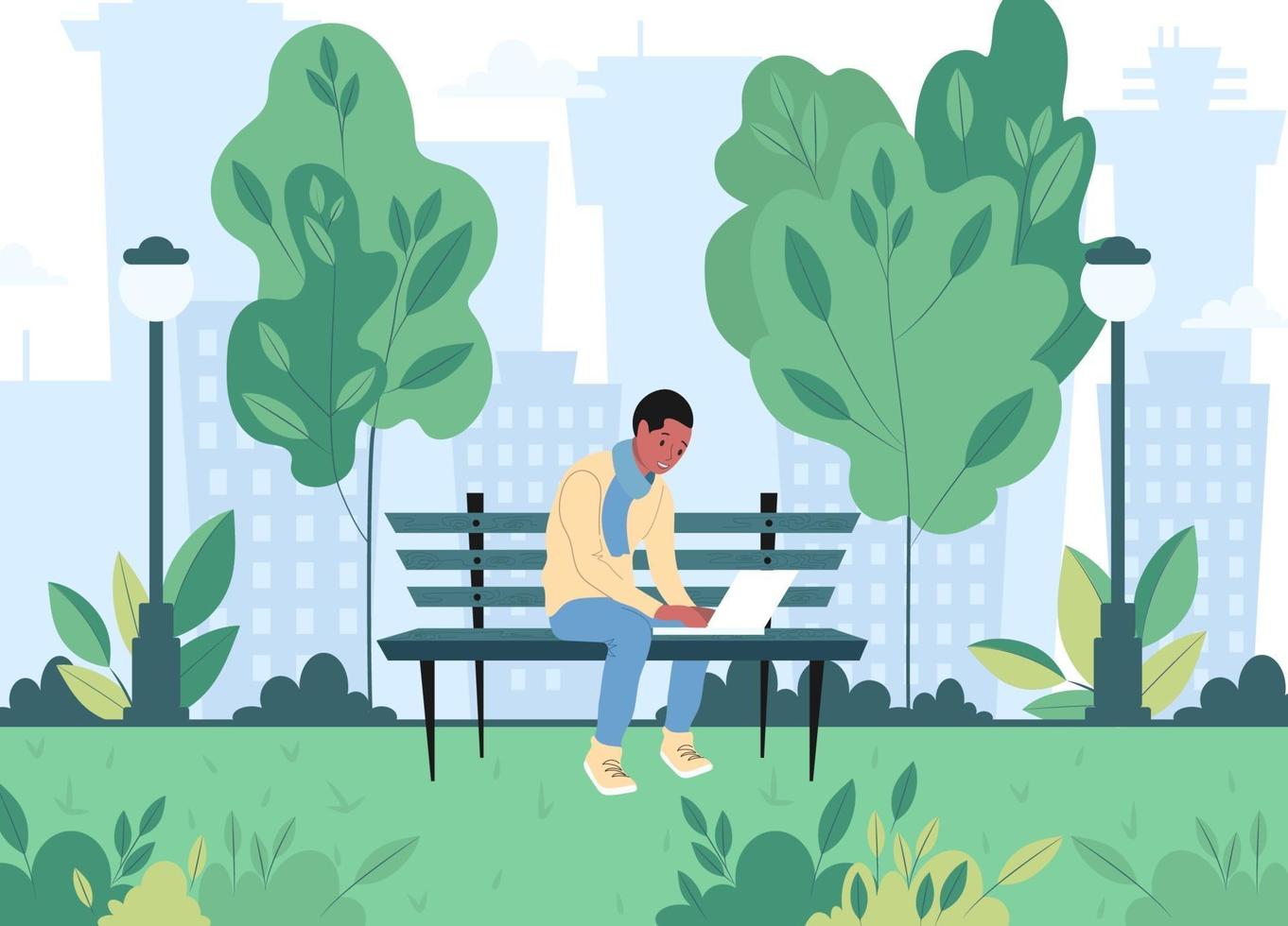een jonge freelance jongen zit op een bankje in een stadspark in de lente en werkt op een laptop. platte vectorillustratie vector