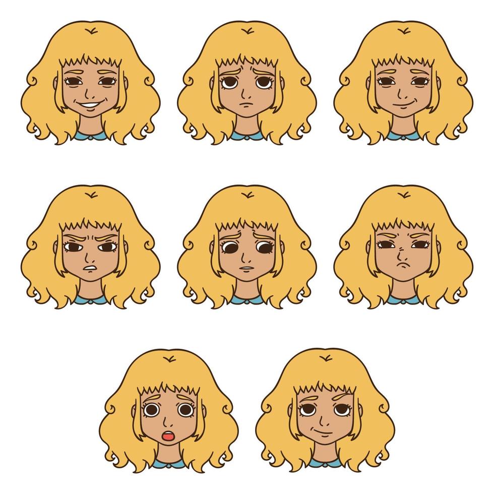 set van vrouw emoties. gezichtsuitdrukking. vector