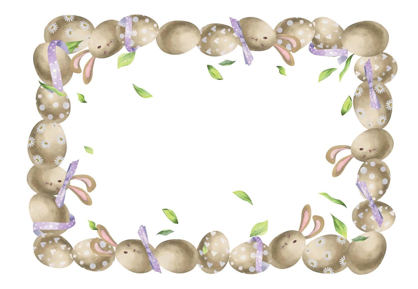 waterverf hand- getrokken Pasen viering clip art. grens kader van eieren, bogen, groen bladeren, konijntjes. pastel kleur. geïsoleerd Aan wit achtergrond. voor uitnodigingen, geschenken, groet kaarten, afdrukken, textiel vector