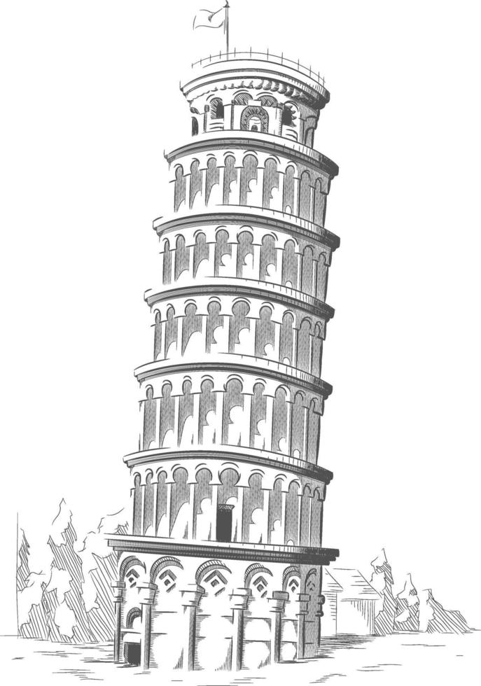 schets van italië landmark - scheve toren van pisa zwart-wit hand getrokken illustratie vector