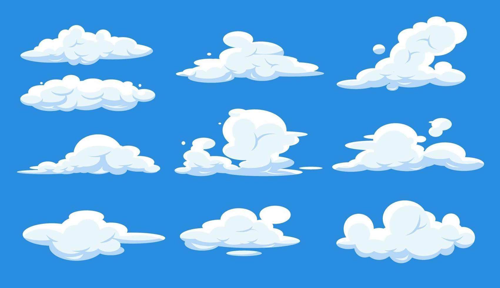 cartoon wolken set geïsoleerd op blauwe hemel. cloudscape in blauwe lucht, witte wolk. vector