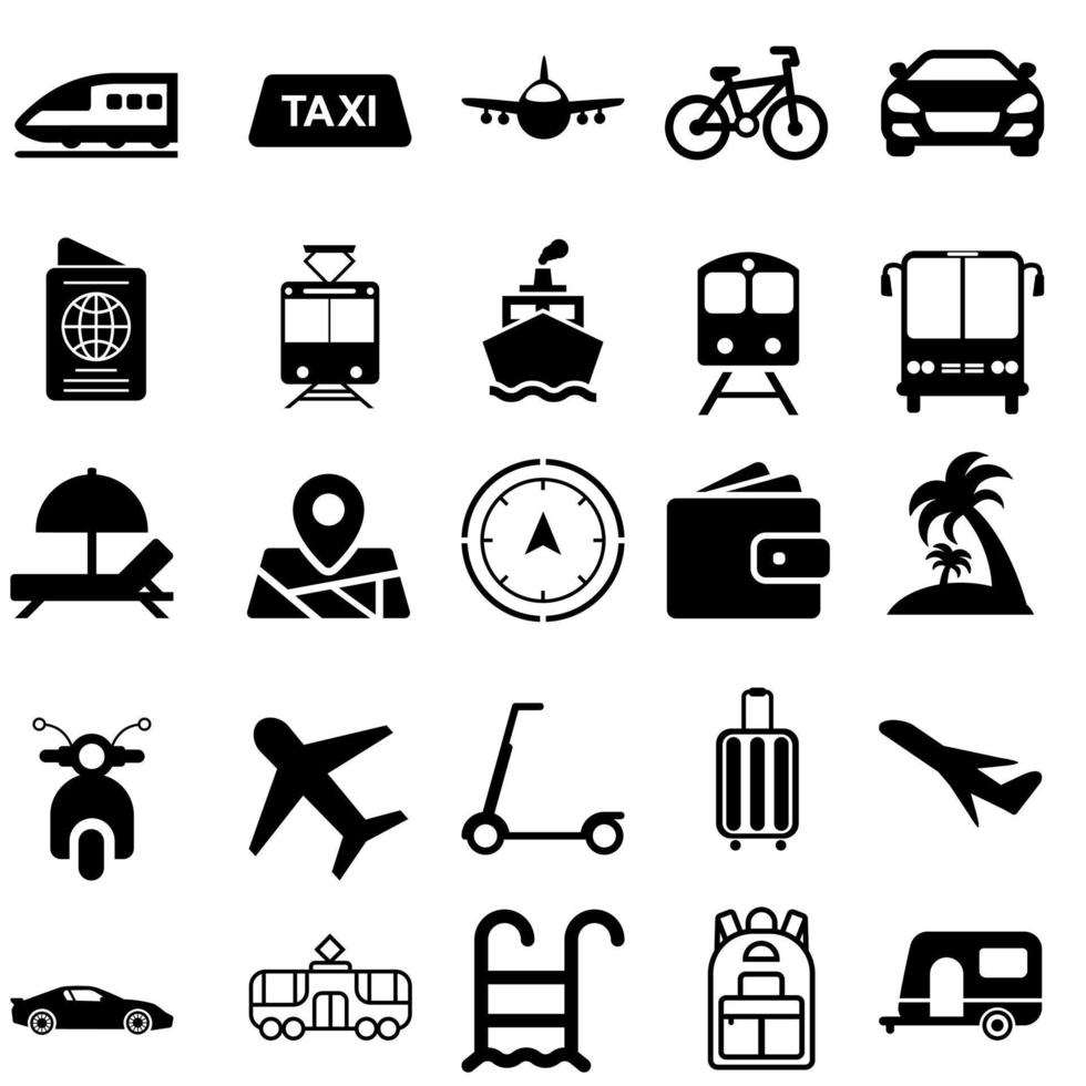 reizen vector icoon set. toerisme vervoer illustratie teken verzameling. bevat pictogrammen net zo vliegtuig, boeken, laatste minuut aanbiedingen, ecotoerisme, cultureel toerisme en meer.