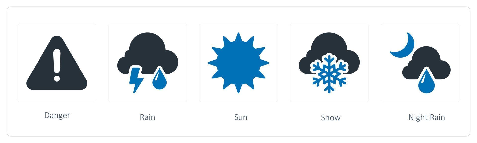 een reeks van 5 weer pictogrammen zo net zo Gevaar, regen en zon vector