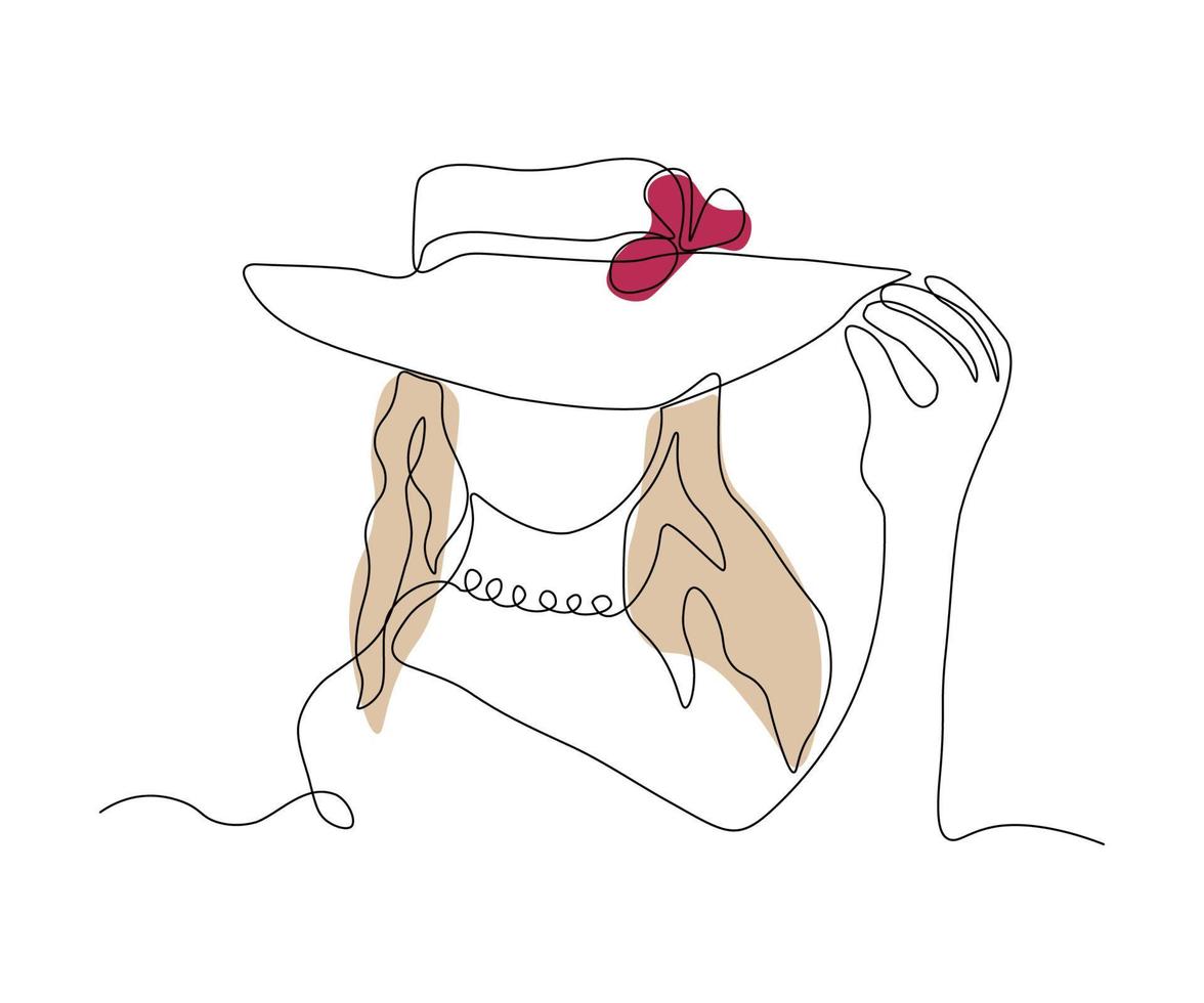 portret van een vrouw in een hoed getrokken door een doorlopend mono lijn, een lijn kunst, doorlopend een lijn tekening vector