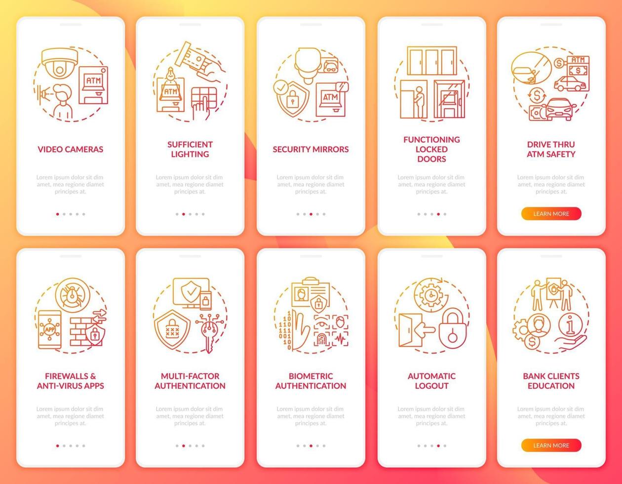 bankbeveiliging onboarding mobiele app-paginascherm met ingestelde concepten vector