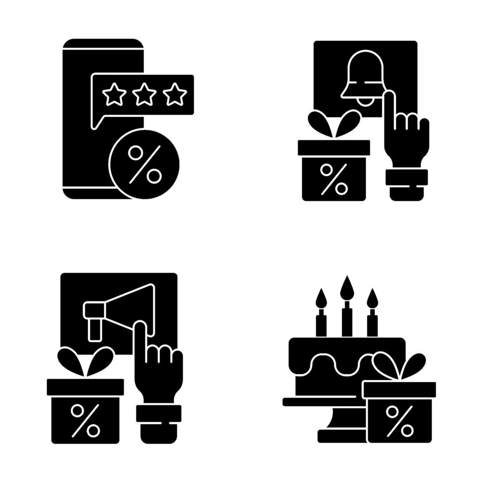 korting en percentage zwarte glyph-pictogrammen ingesteld op witte ruimte vector