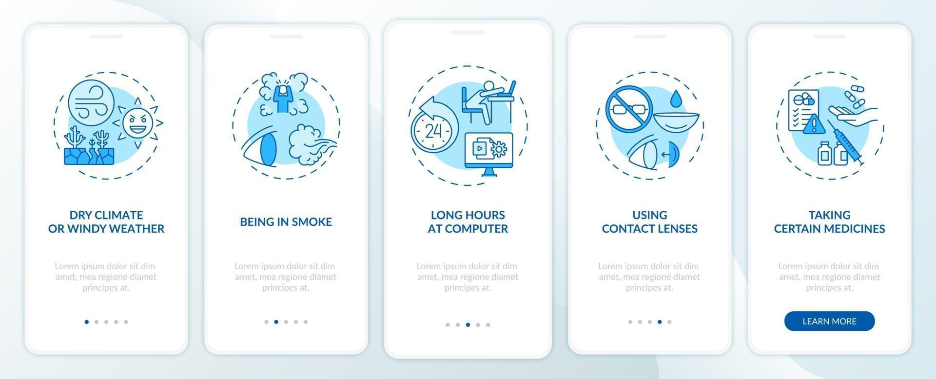 droge ogen veroorzaakt onboarding mobiele app-paginascherm met concepten vector