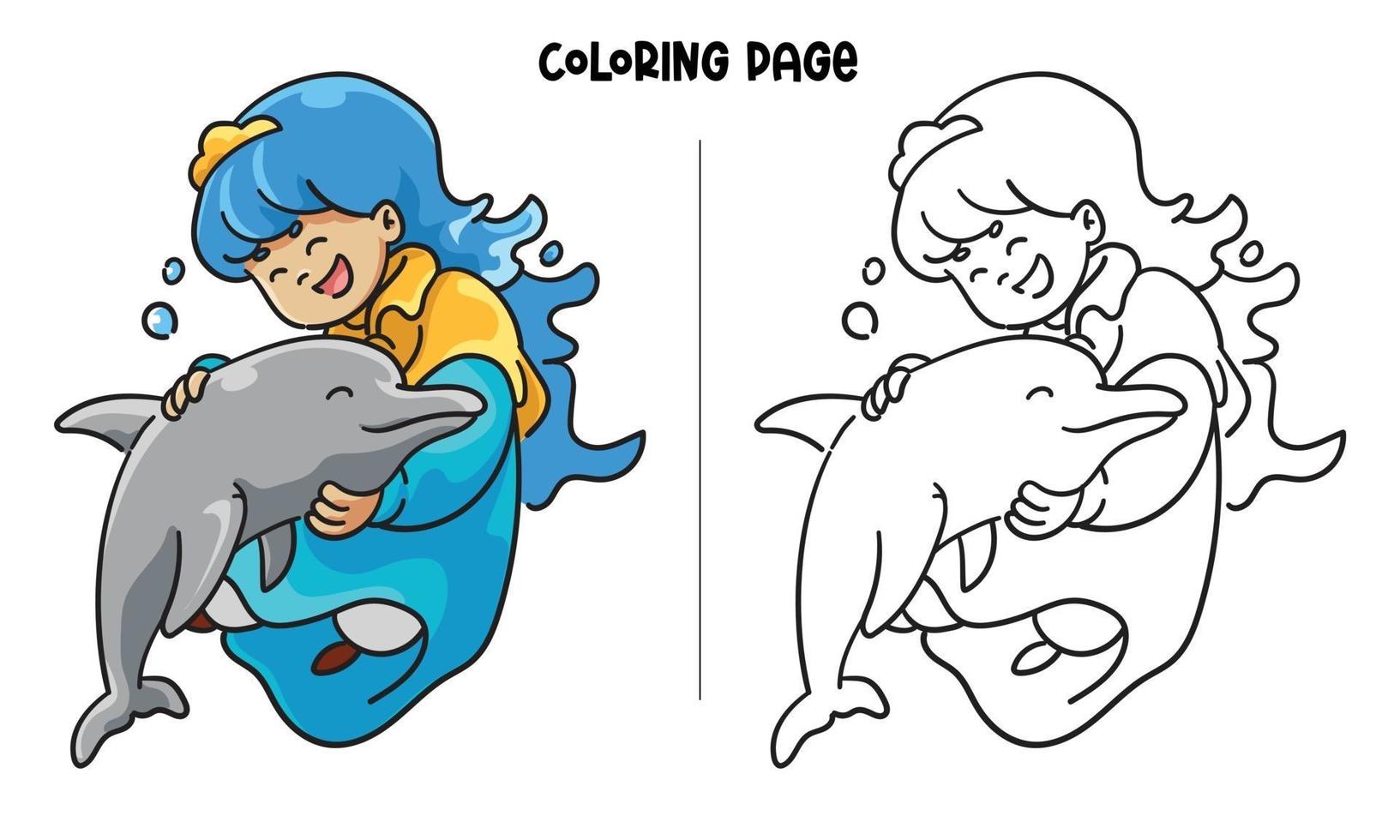 blauwe prinses knuffelt een mooie dolfijn kleurplaat vector