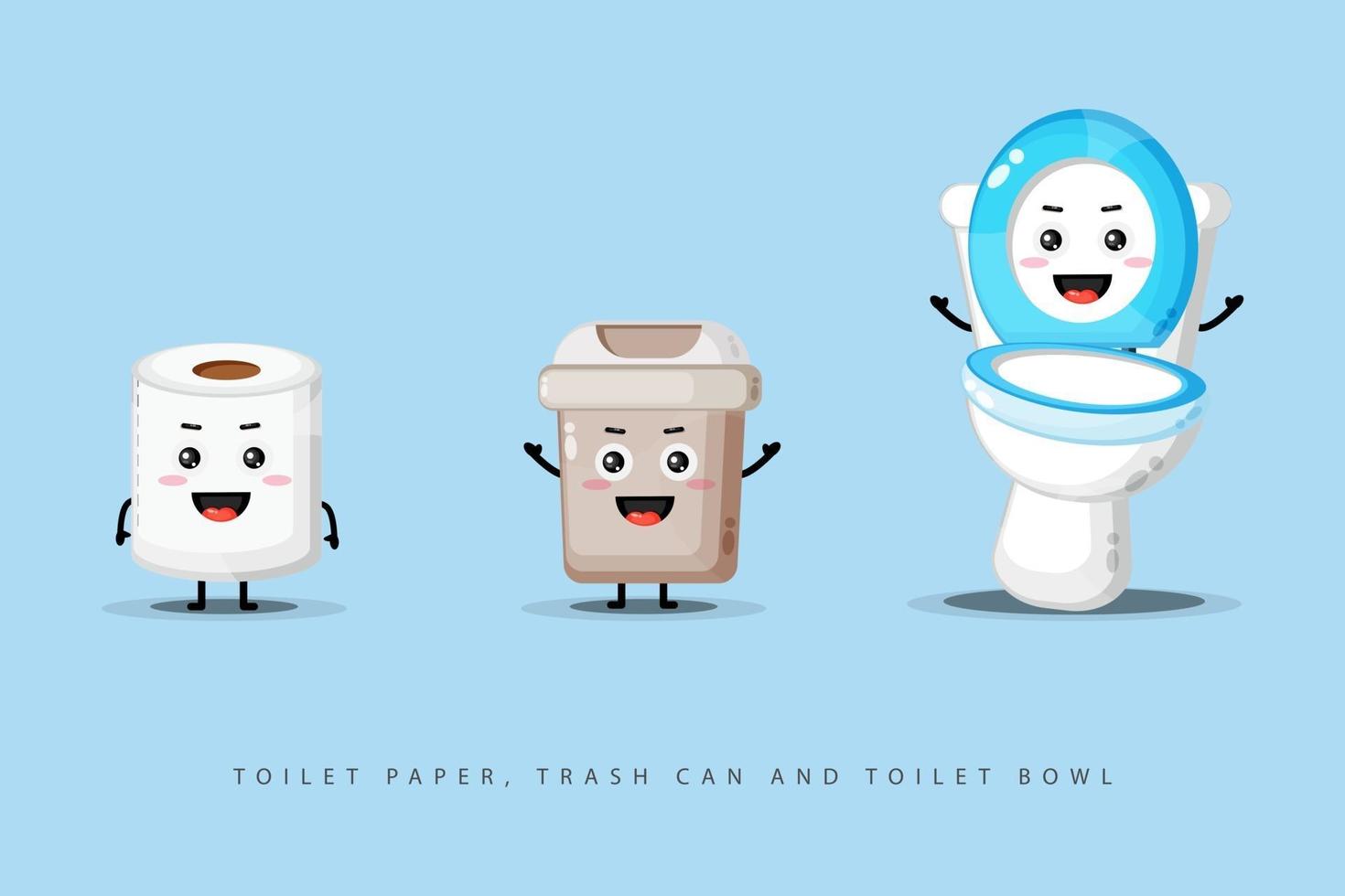 schattig vrolijk toiletpapier, prullenbak en toiletpot vector