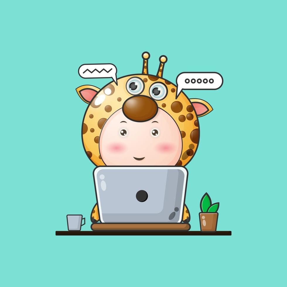 illustratie van een babygiraf die aan laptop werkt. Giraffe mascotte stripfiguren vector