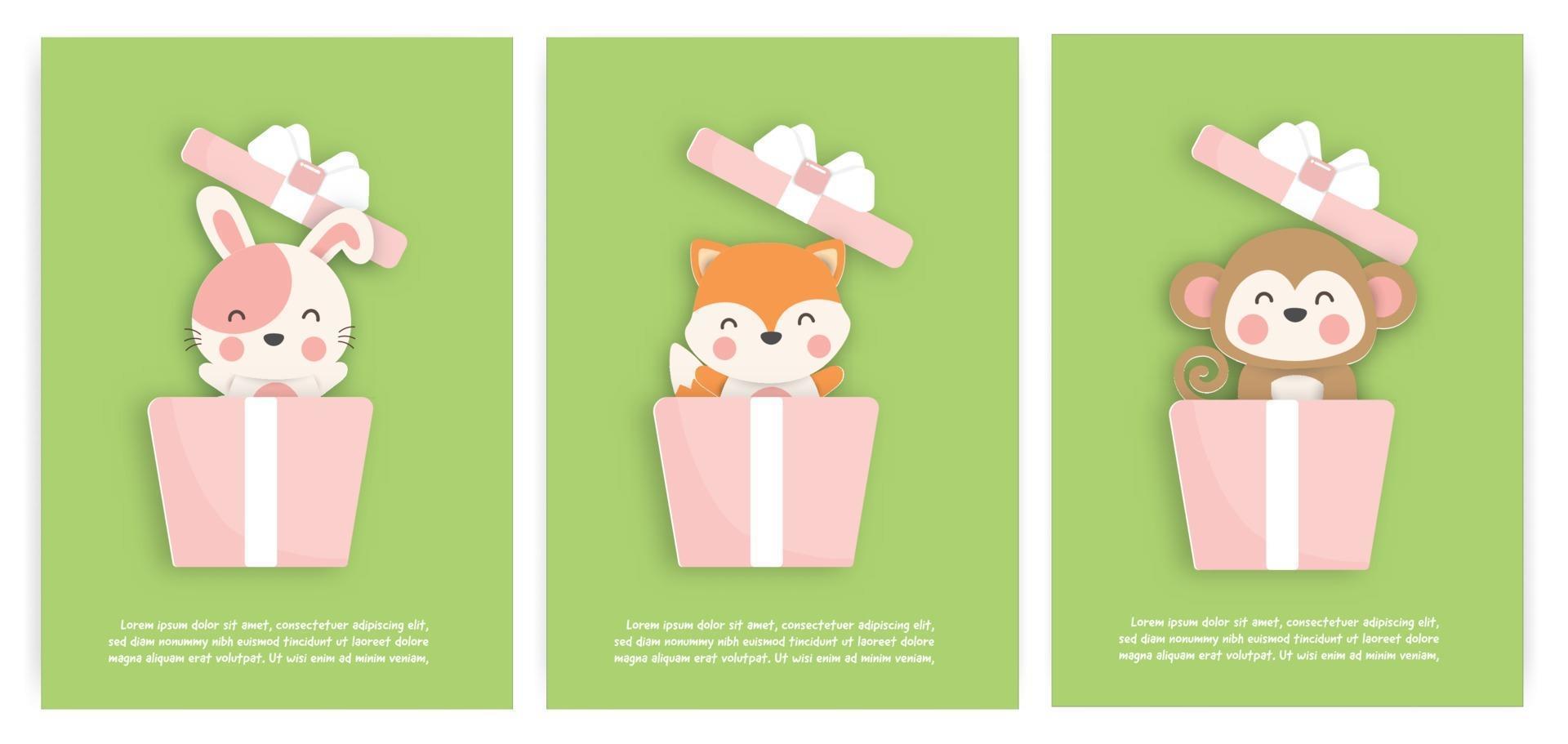 set verjaardagskaarten met schattige vos, aap en tijger in een geschenkdoos vector