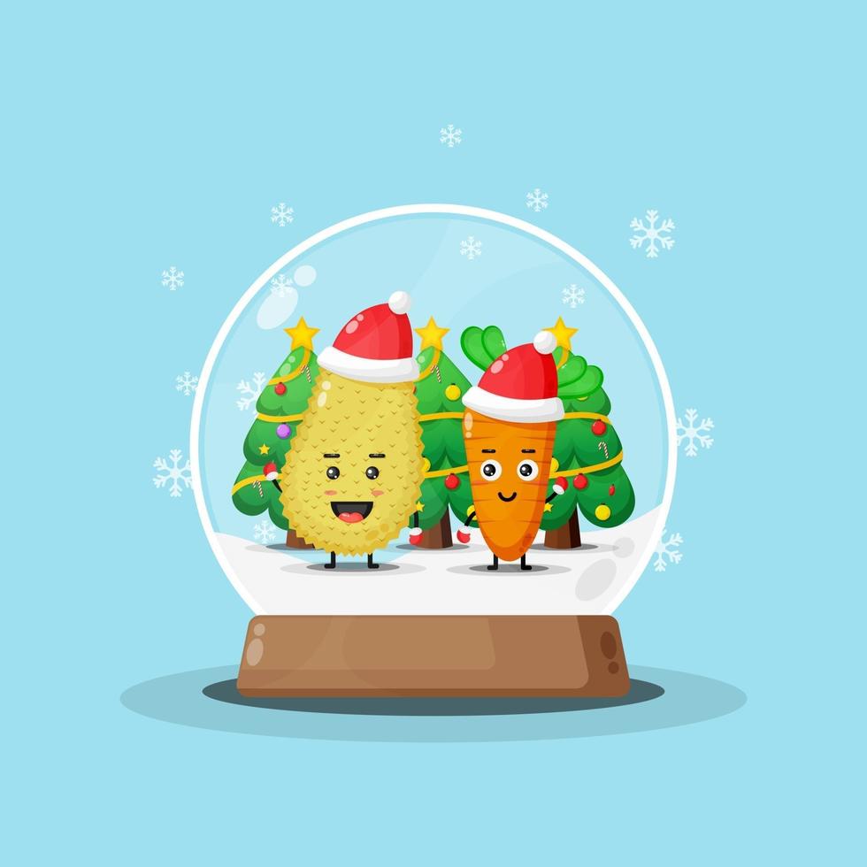 Kerstmissneeuwbal met jackfruit en wortelmascotte die een kerstmuts draagt vector